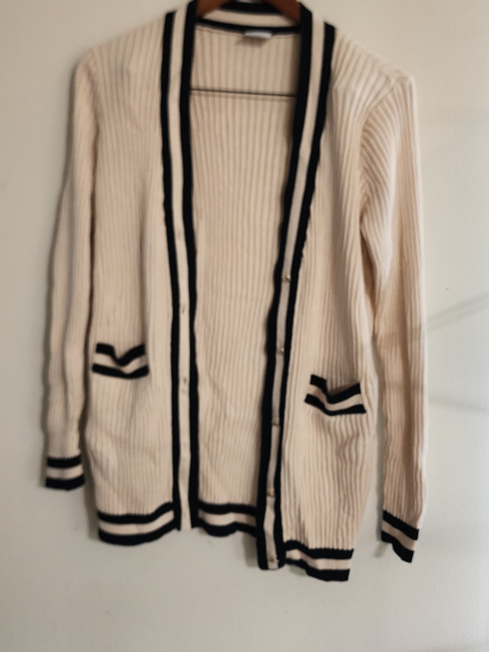 Cabi Cream & Black Varsity Striped Ribbed Cotton Cardigan Sweater Size M